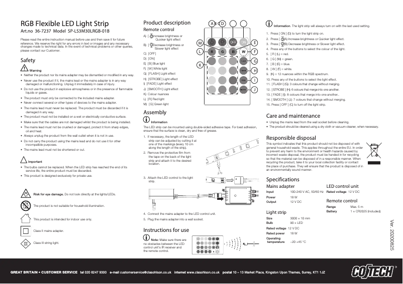 Page 1 de la notice Manuel utilisateur Cotech SP-LS3M30LRGB-01B