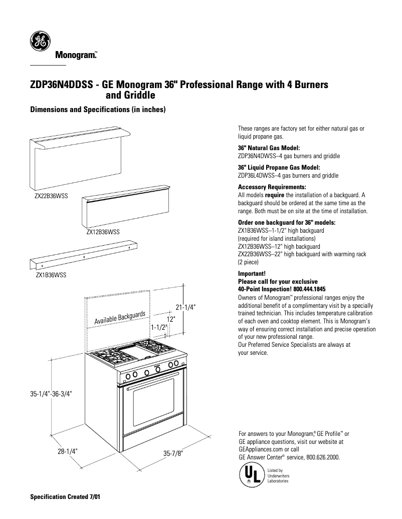 Página 1 del manual Ficha técnica GE ZDP36N4DDSS