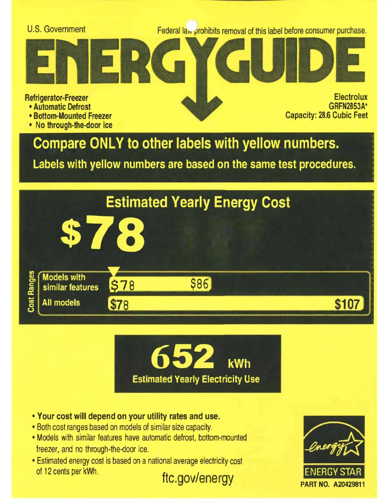 Page 1 de la notice Label énergétique Frigidaire GRFN2853AF