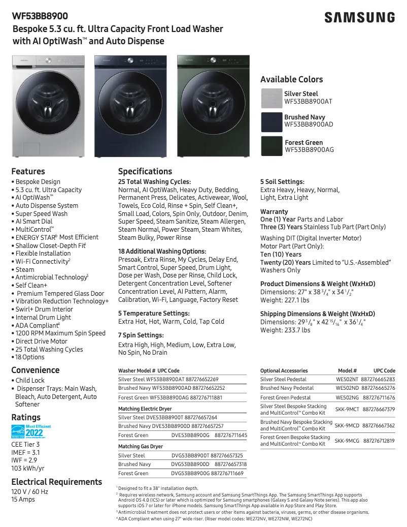 Página 1 del manual Ficha técnica Samsung WF53BB8900AT