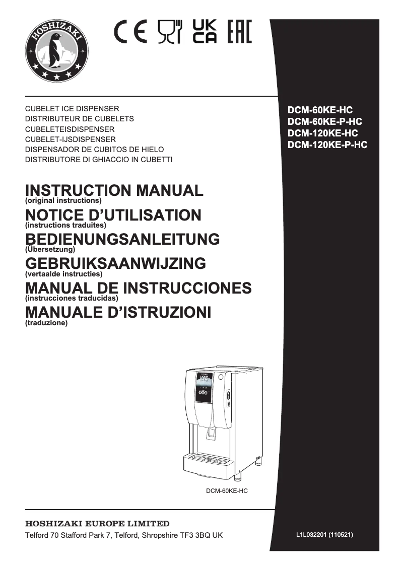Page 1 de la notice Manuel utilisateur Hoshizaki DCM-120KE-P-HC