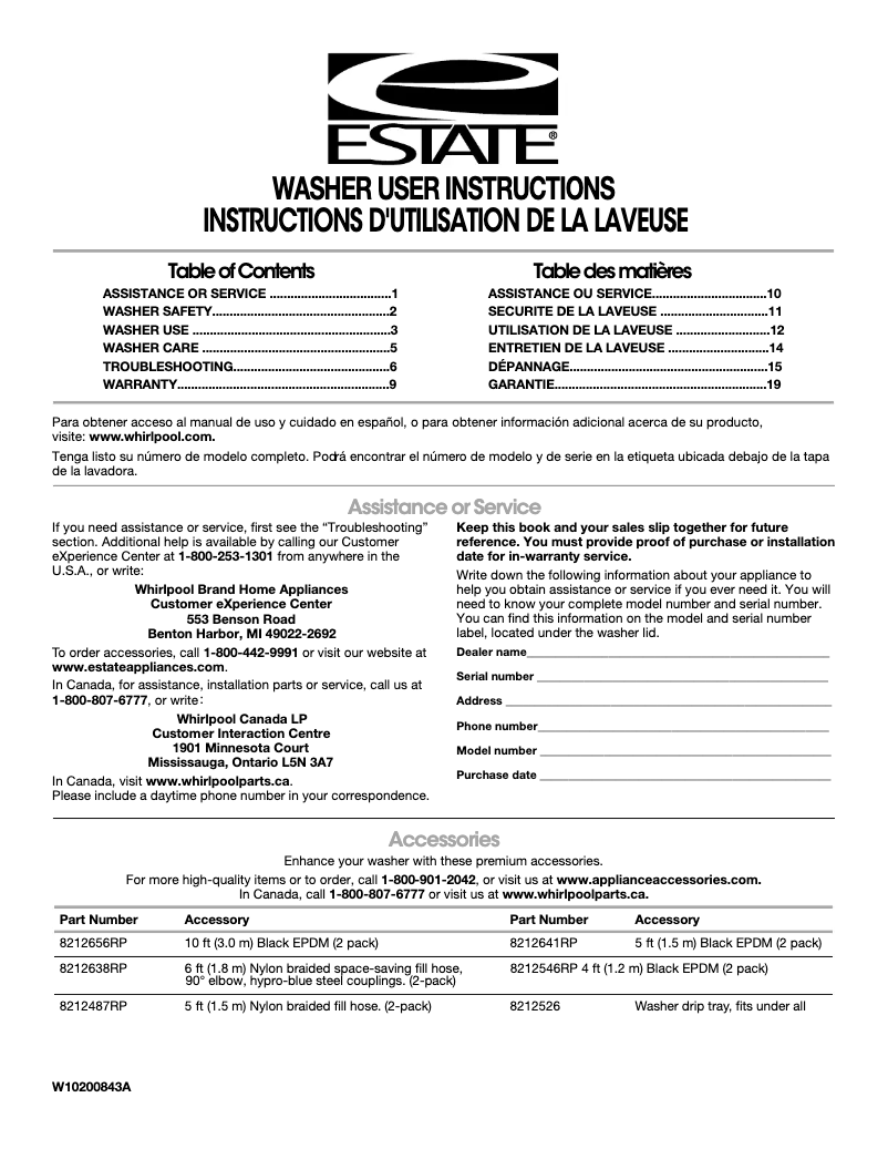 Page 1 of the manual User Manual Whirlpool ETW4400WQ