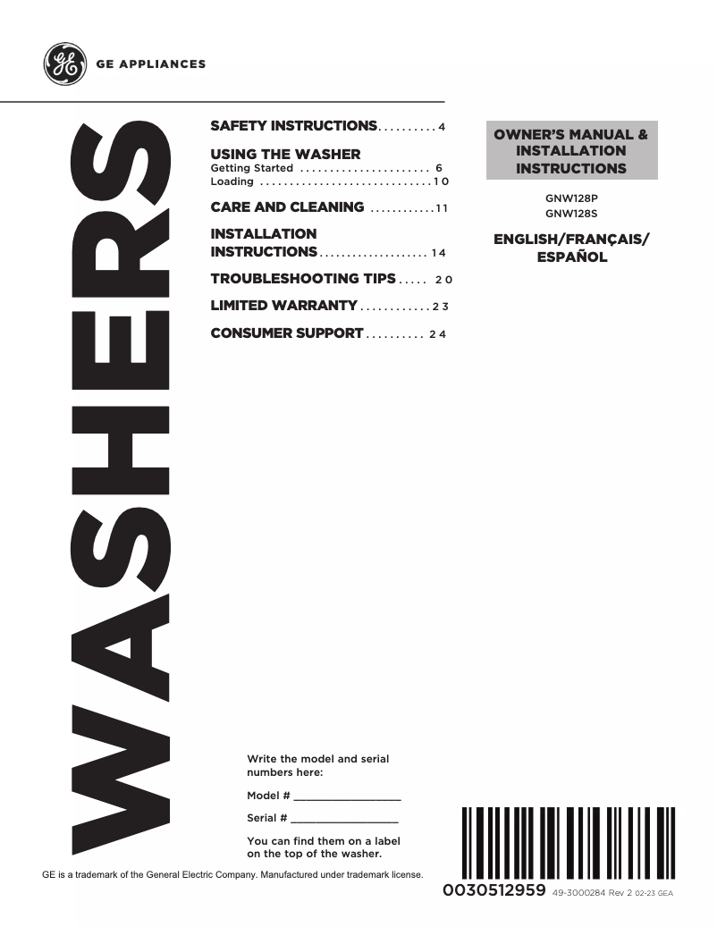 Página 1 del manual Manual de uso y mantenimiento GE GNW128SSMWW
