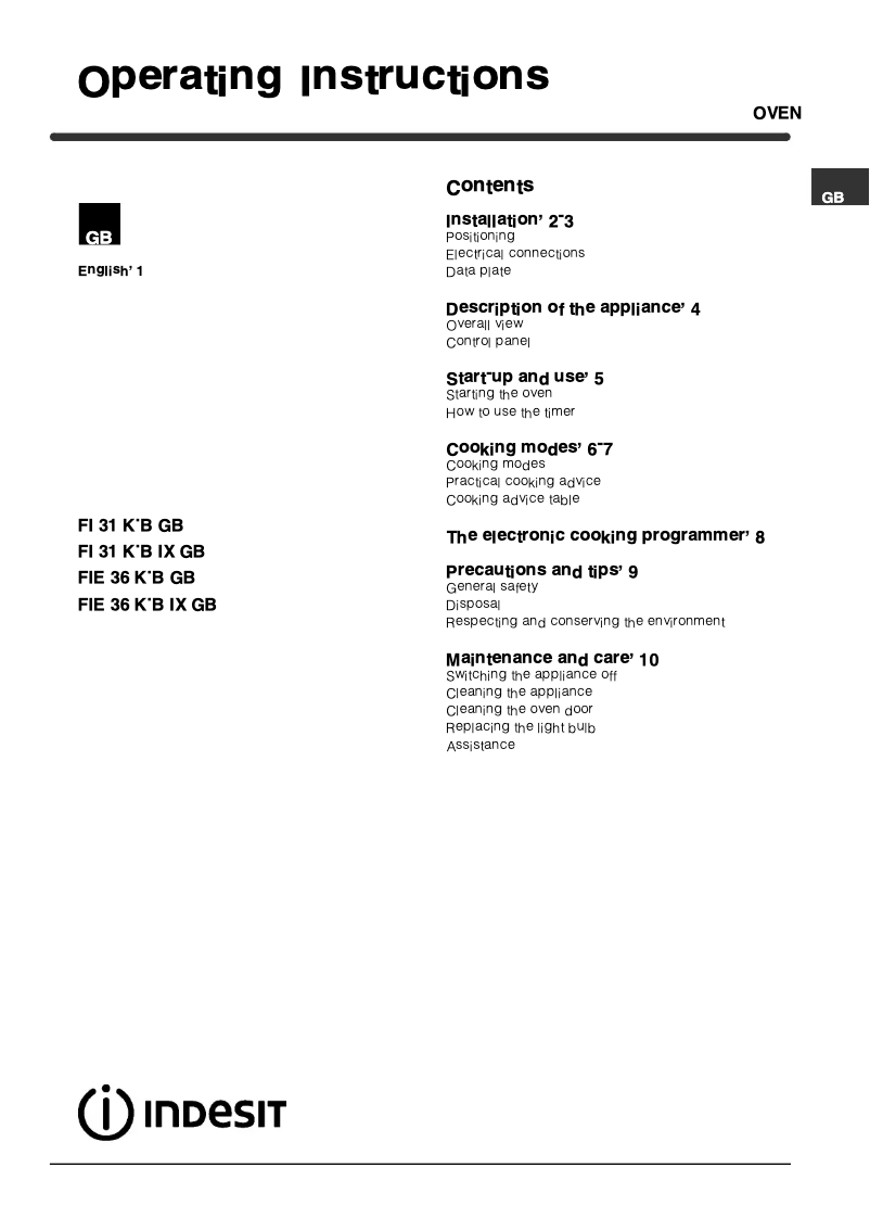 Page 1 de la notice Manuel utilisateur Indesit FMC 882 T