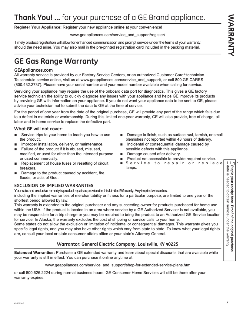 Página 1 del manual Información de garantía GE JGBS66FEKDS
