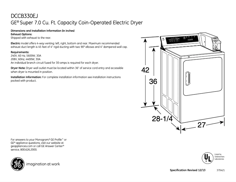 Página 1 del manual Ficha técnica GE DCCB330EJWC