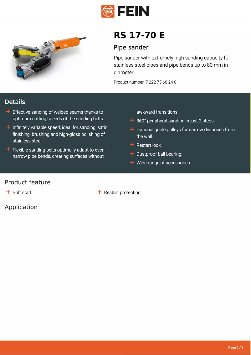 Page 1 de la notice Fiche technique Fein RS17-70E