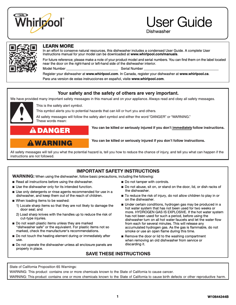 Page 1 de la notice Mode d'emploi Whirlpool WDF320PADB