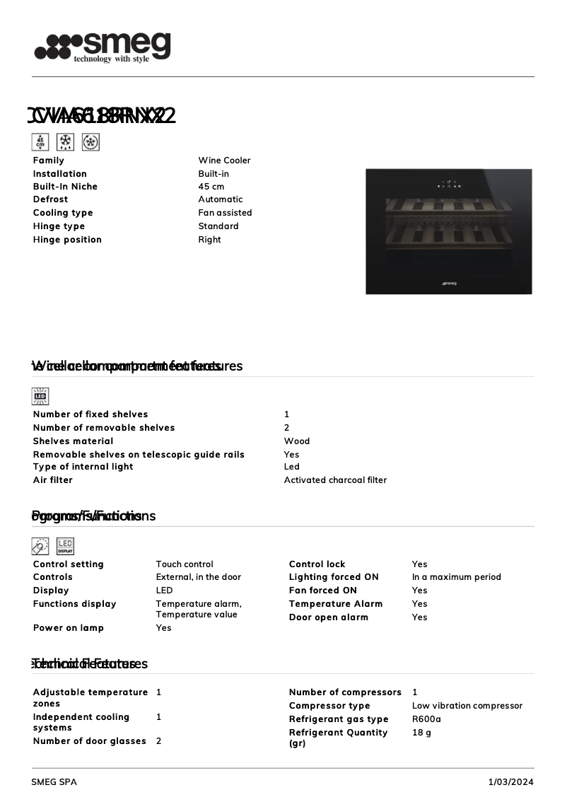 Page 1 de la notice Fiche technique Smeg CVIA618RNX2