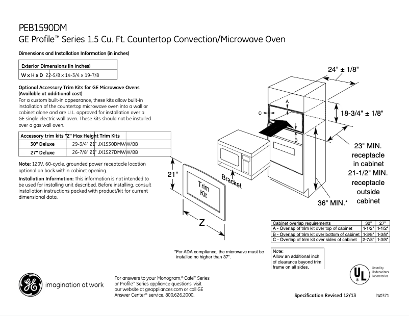 Page 1 of the manual Technical Sheet GE PEB1590DMBB