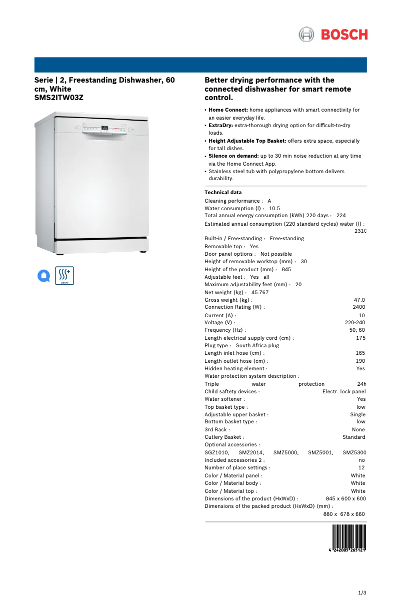 Page 1 of the manual Technical Sheet Bosch SMS2ITW03Z