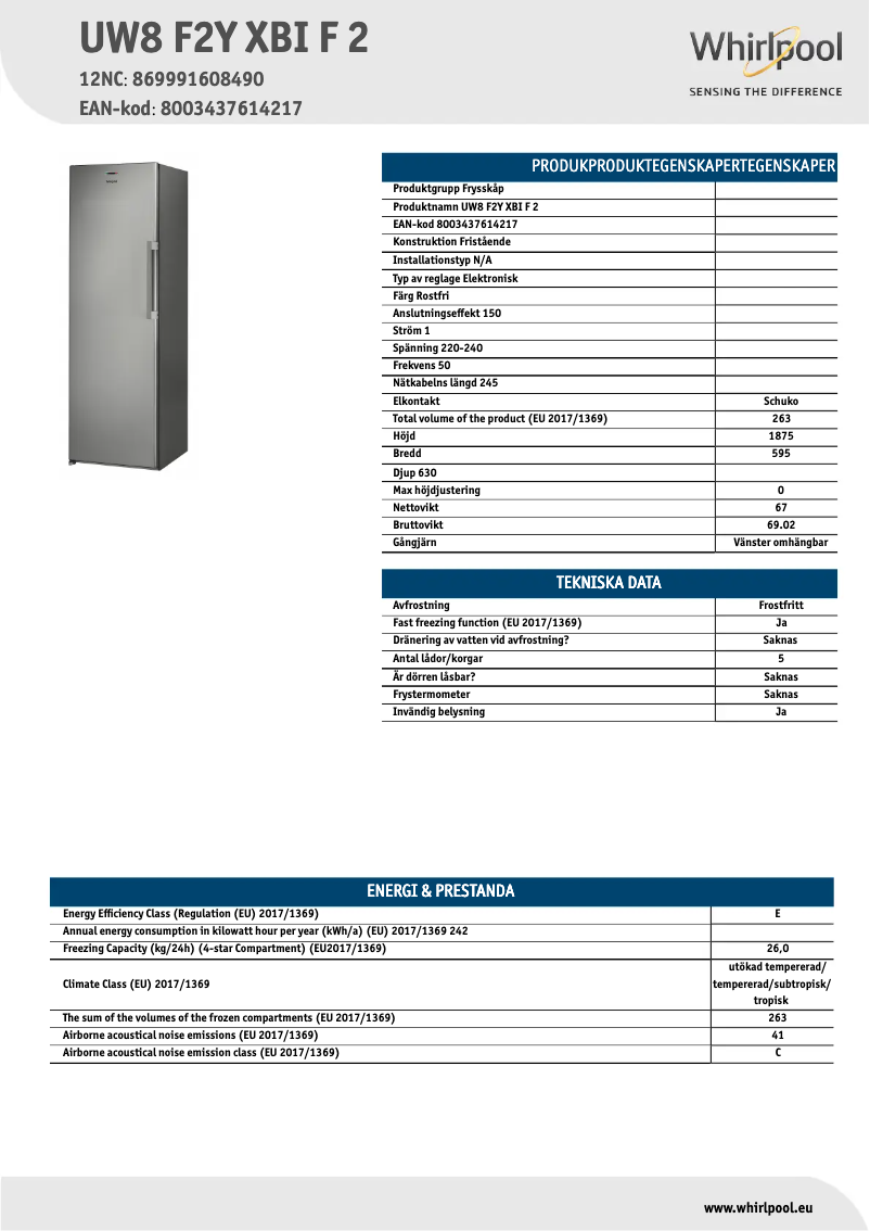 Page 1 de la notice Fiche technique Whirlpool UW8 F2Y XBI F 2