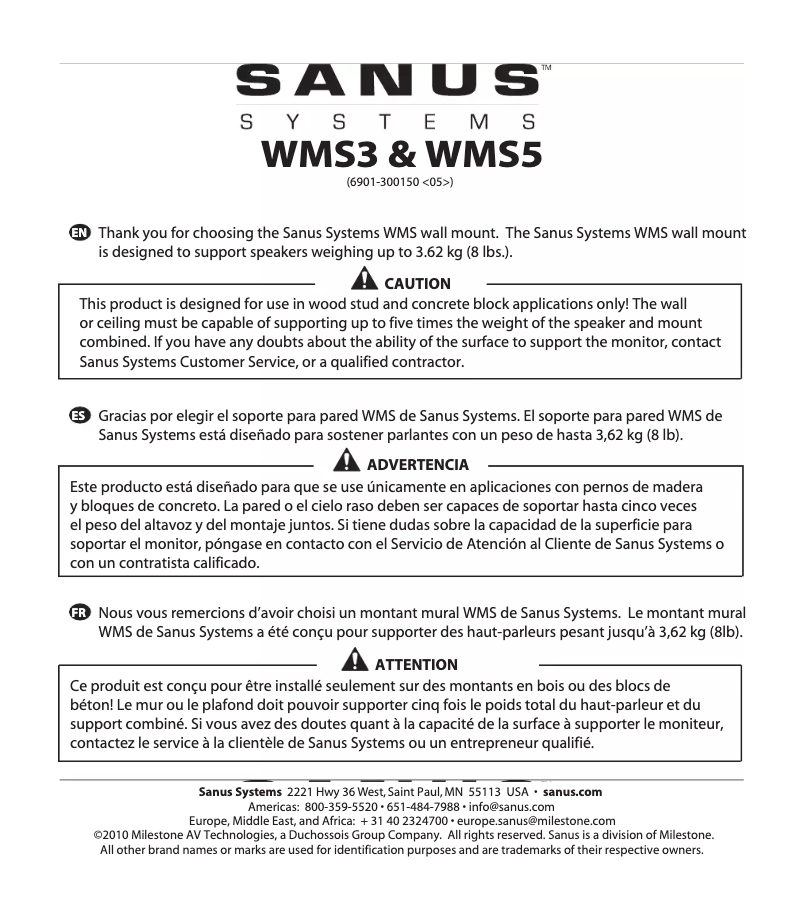 Page 1 de la notice Manuel utilisateur Sanus WMS5
