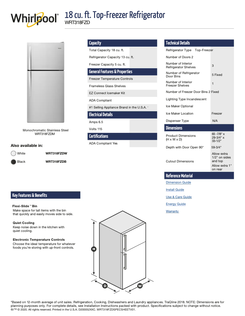 Page 1 de la notice Fiche technique Whirlpool WRT318FZDM