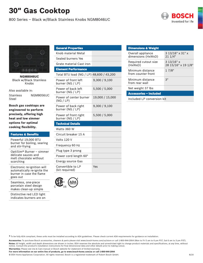 Page 1 of the manual Technical Sheet Bosch NGM8046UC