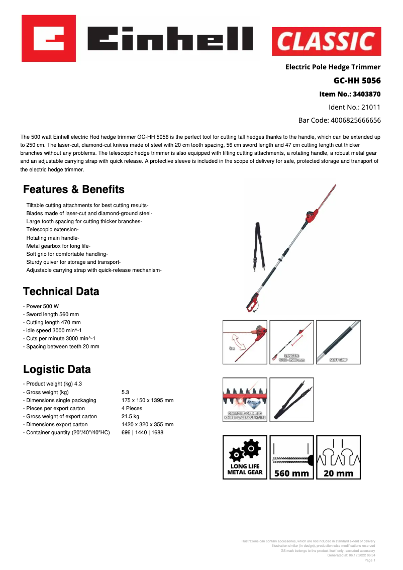 Page 1 of the manual Technical Sheet Einhell GC-HH 5056