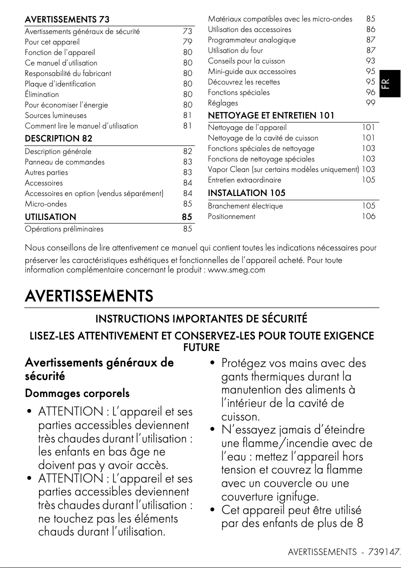 Page 1 de la notice Manuel utilisateur Smeg SO4301M1X