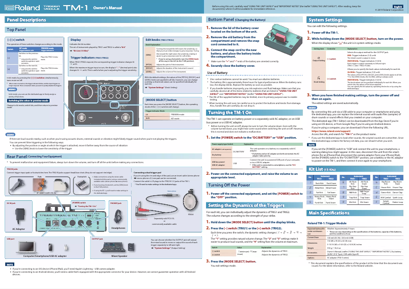 Page 1 de la notice Manuel utilisateur Roland TM-1 T