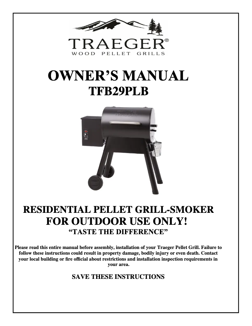 Page 1 of the manual User Manual Traeger TFB29PLB