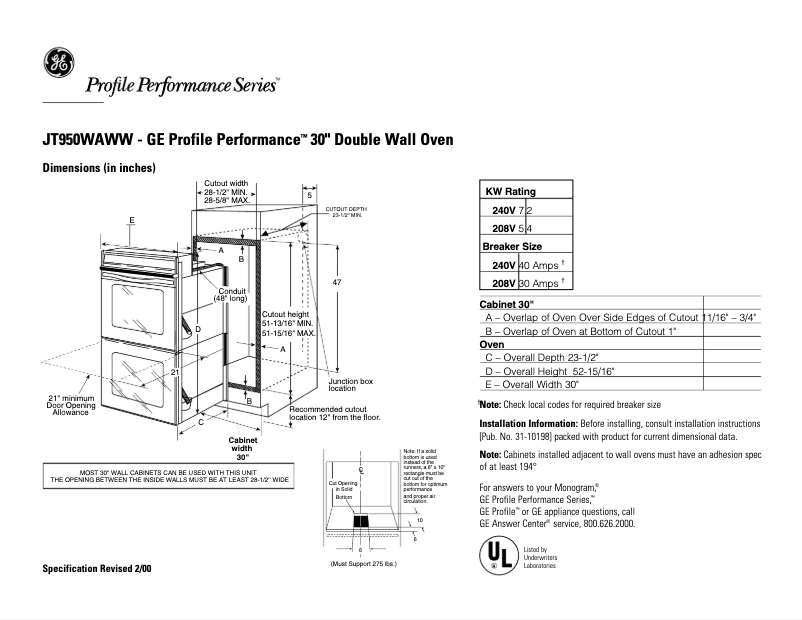 Page n°1 - Fiche technique GE Profile Performance JT950WAWW