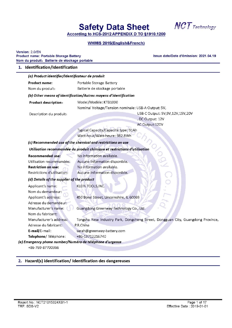 Page 1 of the manual Safety Instructions Klein Tools KTB1000
