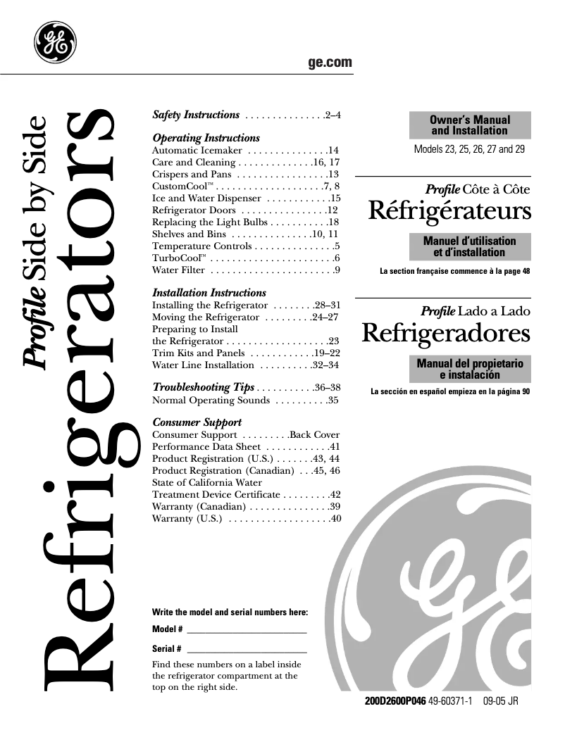 Page 1 de la notice Guide d'installation GE Profile CustomStyle PSI23NGPCC