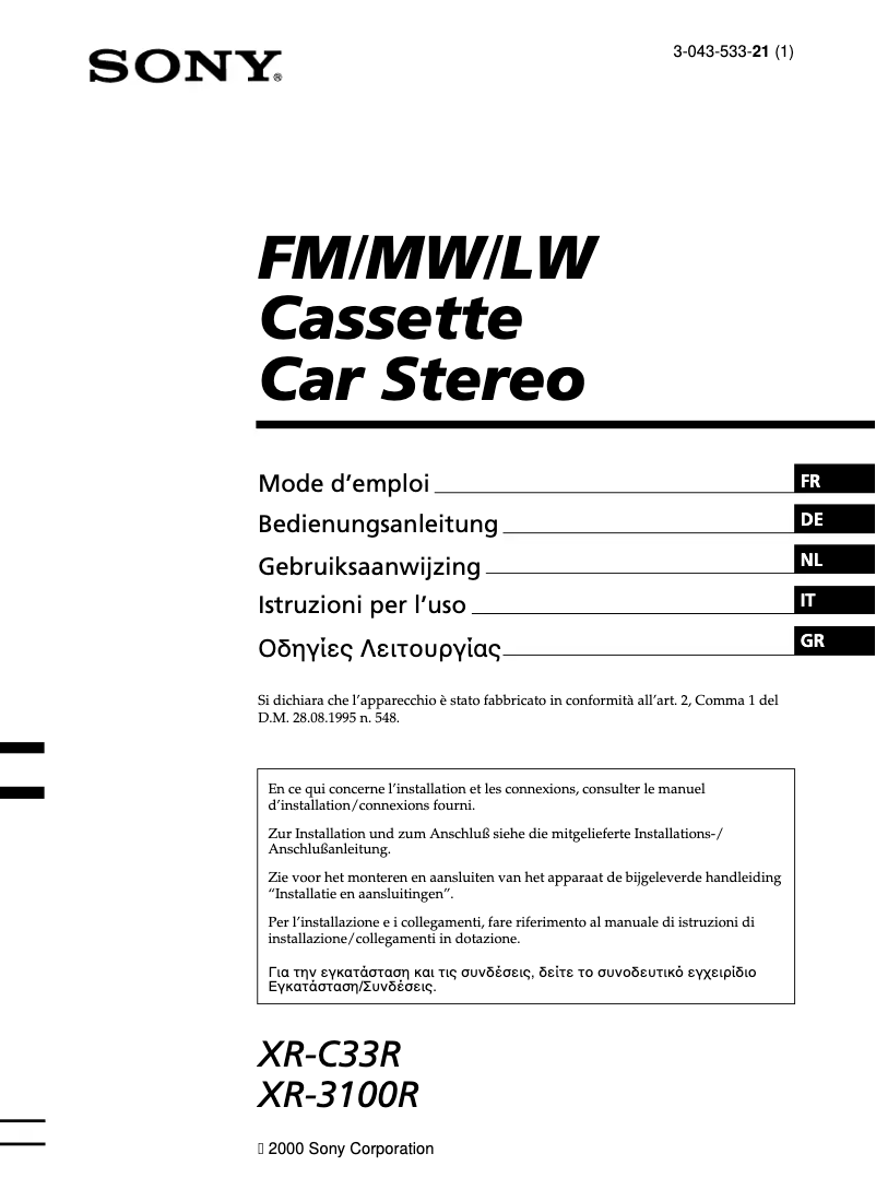 Page 1 de la notice Manuel utilisateur Sony XR-C33RDS