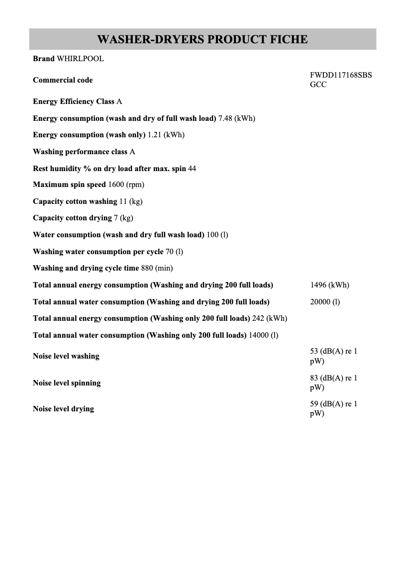 Página 1 del manual Ficha técnica Whirlpool FWDD 117168 SBS GCC