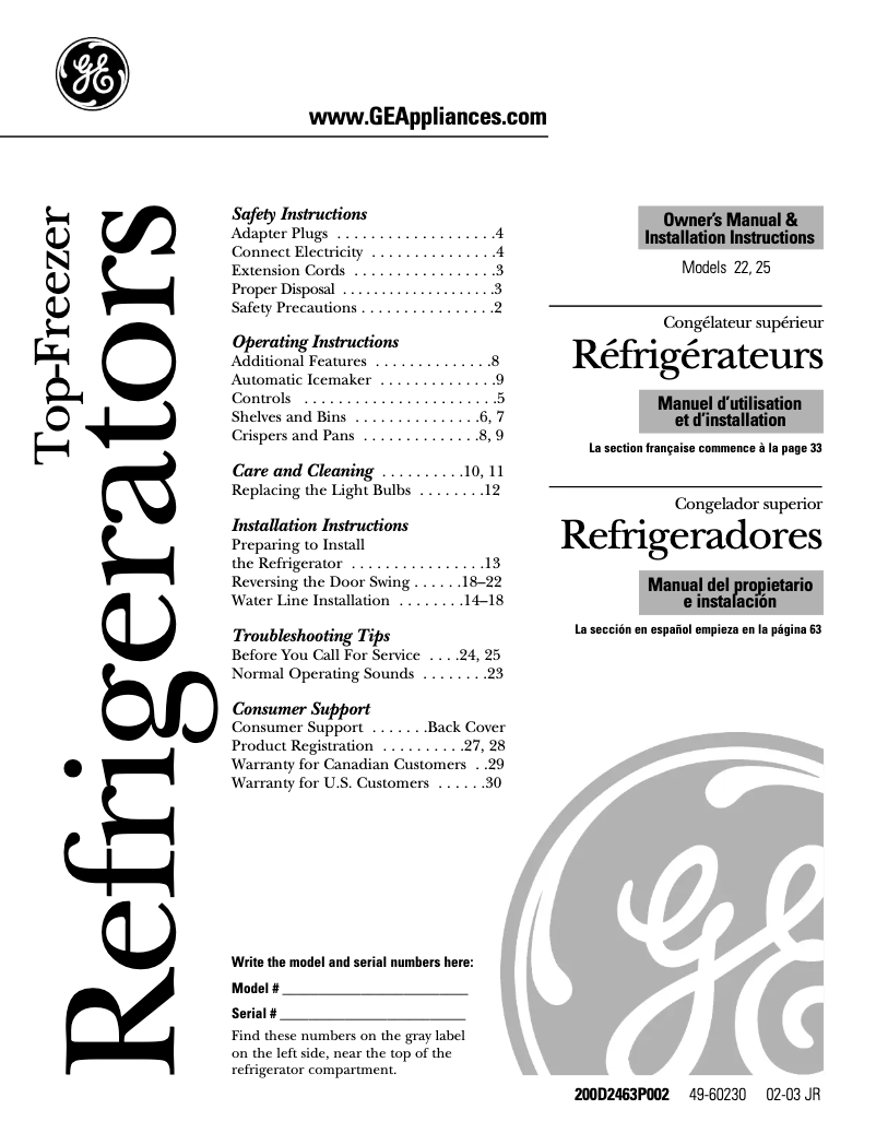 Page 1 of the manual User Manual GE GTS22QBNCC