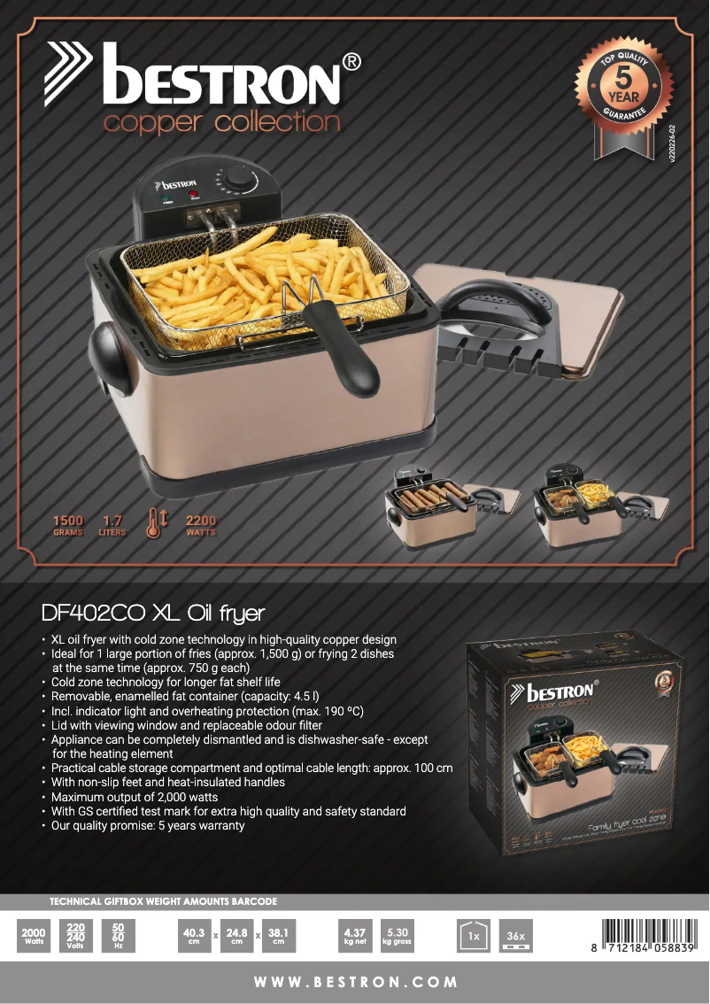 Page 1 de la notice Fiche technique Bestron DF402CO