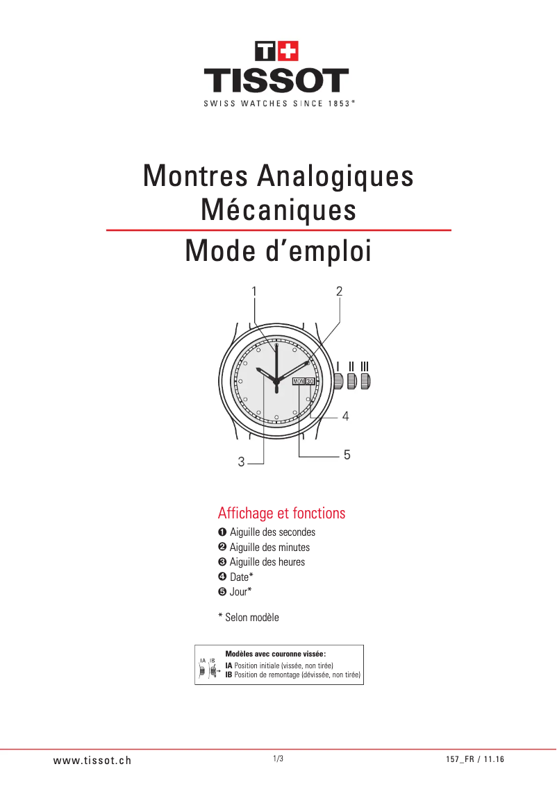 Page 1 de la notice Manuel utilisateur Tissot Heritage Visodate Automatic