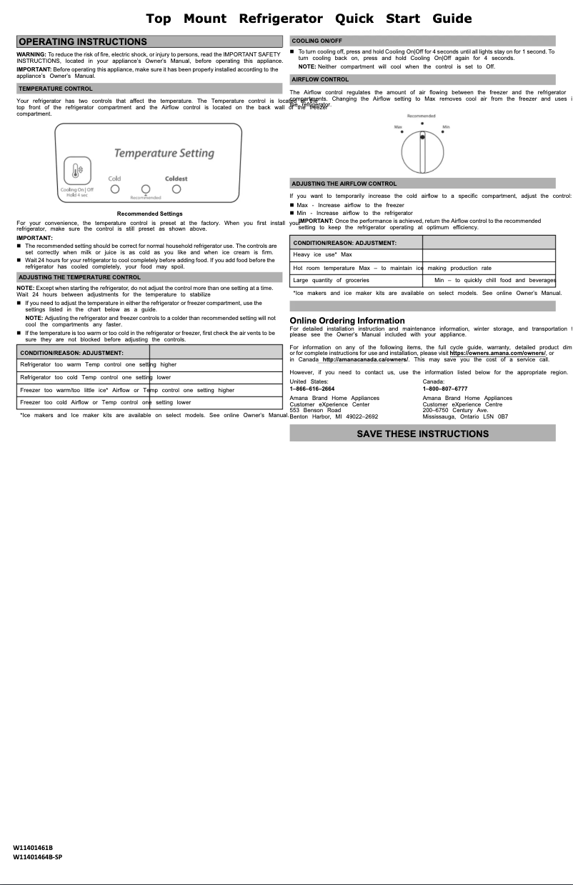 Page 1 de la notice Guide de démarrage rapide Amana ART318FFDB