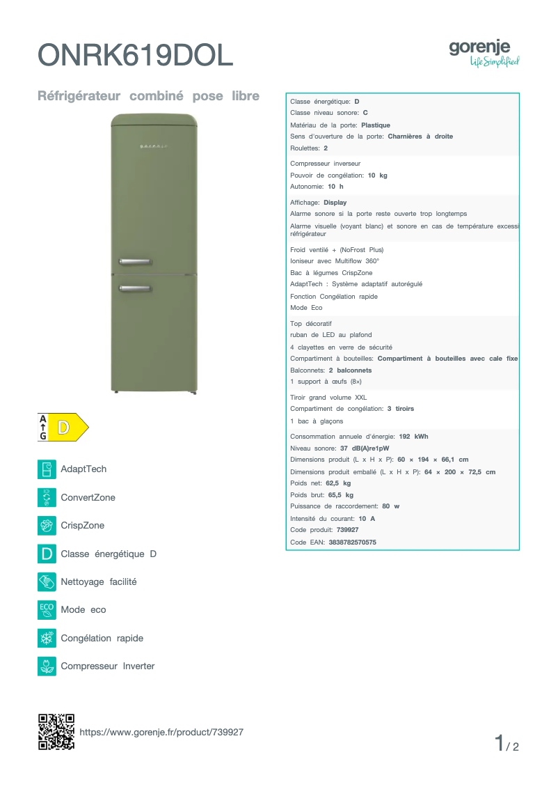Página 1 del manual Ficha técnica Gorenje ONRK619DOL