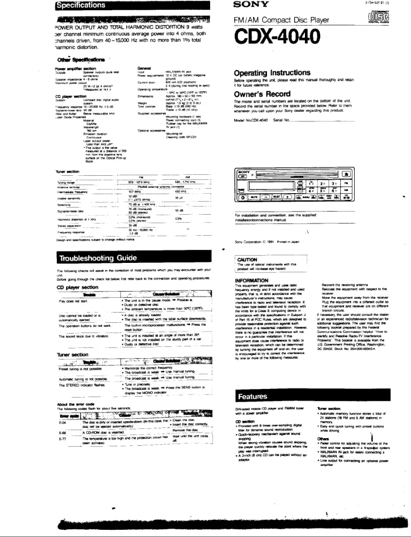 Page 1 de la notice Manuel utilisateur Sony CDX-4040