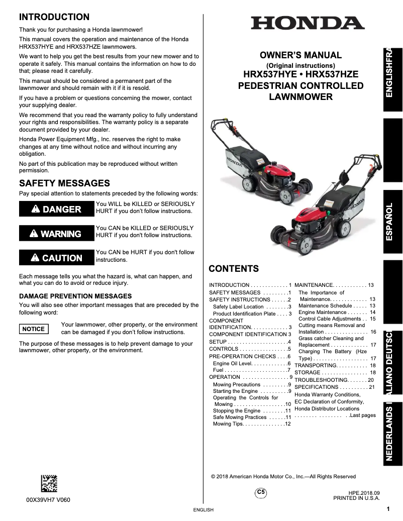 Page 1 de la notice Manuel utilisateur Honda HRX 537C5 VK