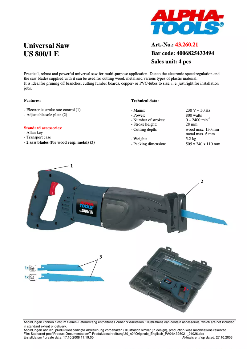 Page 1 de la notice Manuel utilisateur Alpha Tools US 800/1 E