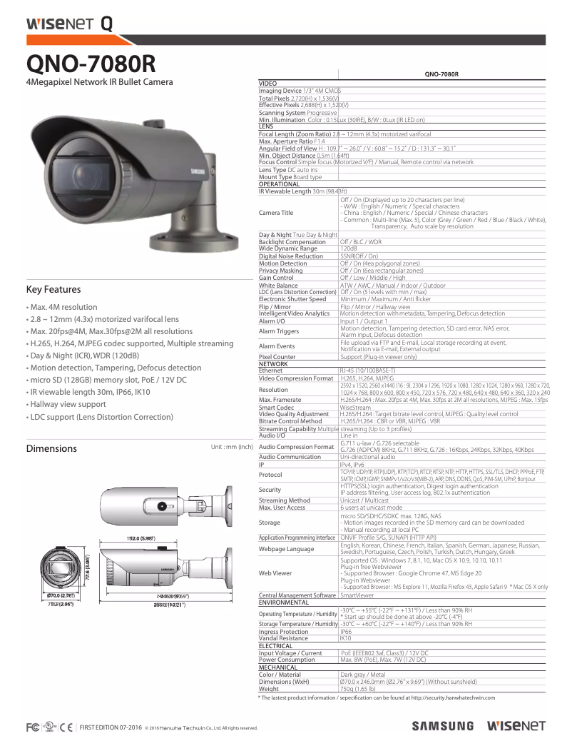 Page 1 de la notice Brochure Hanwha QNO-7080R