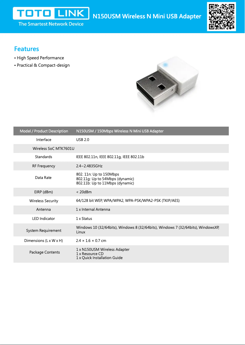 Página 1 del manual Ficha técnica Totolink N150USM