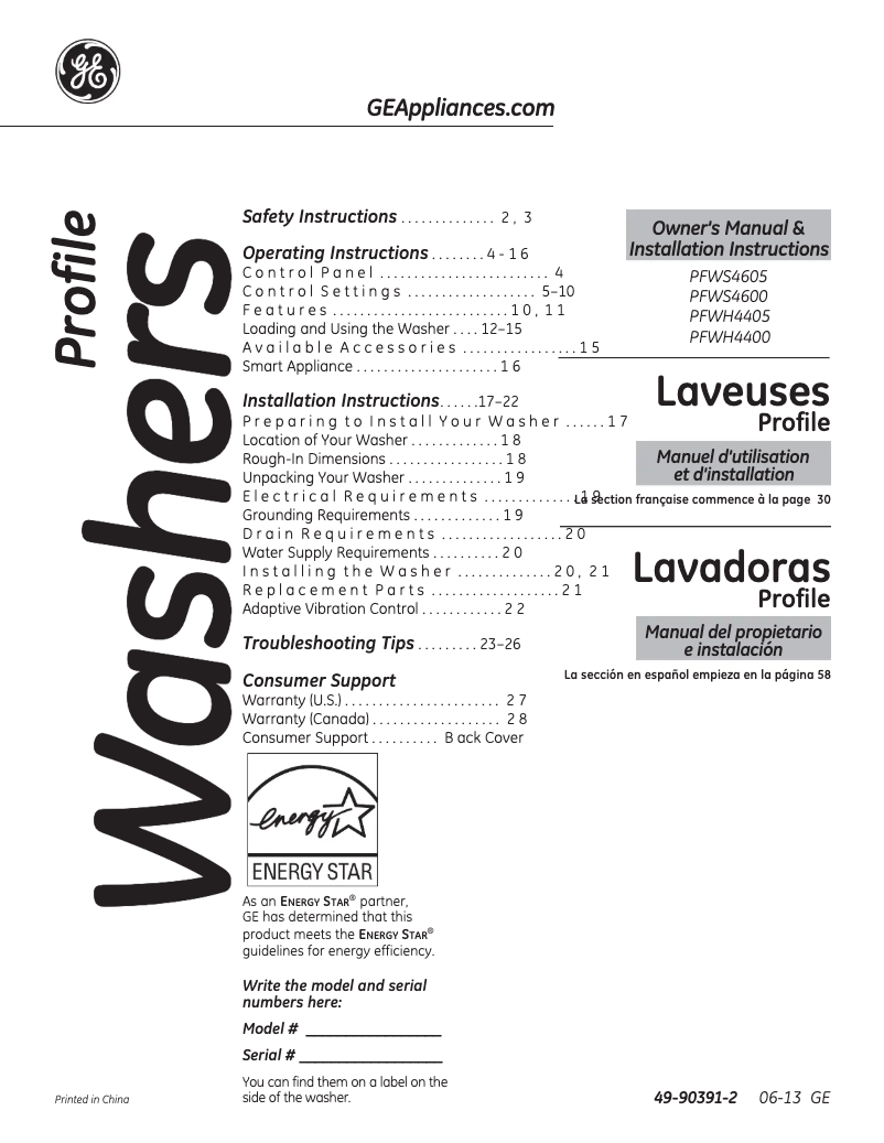 Página 1 del manual Guía de instalación GE PFWS4605LMG