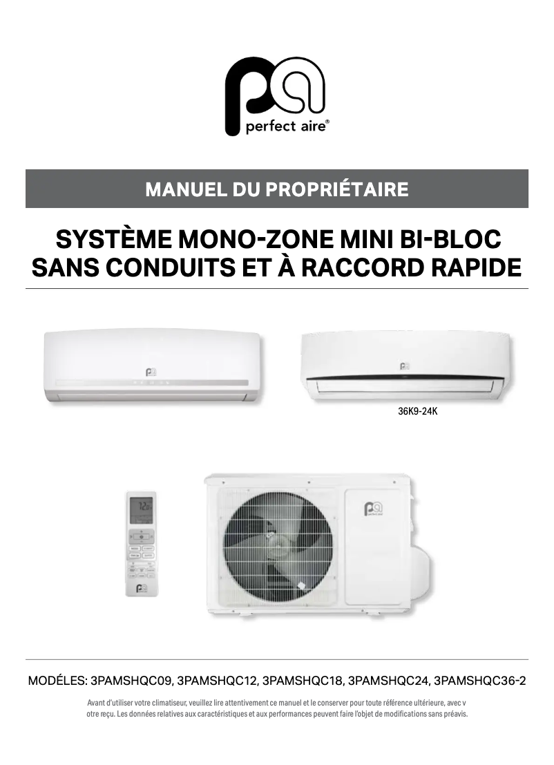Page 1 de la notice Manuel utilisateur Perfect Aire 3PAMSHQC18