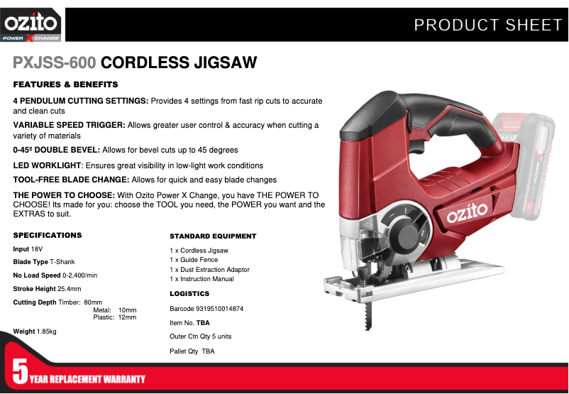 Page 1 de la notice Fiche technique Ozito PXJSS-600
