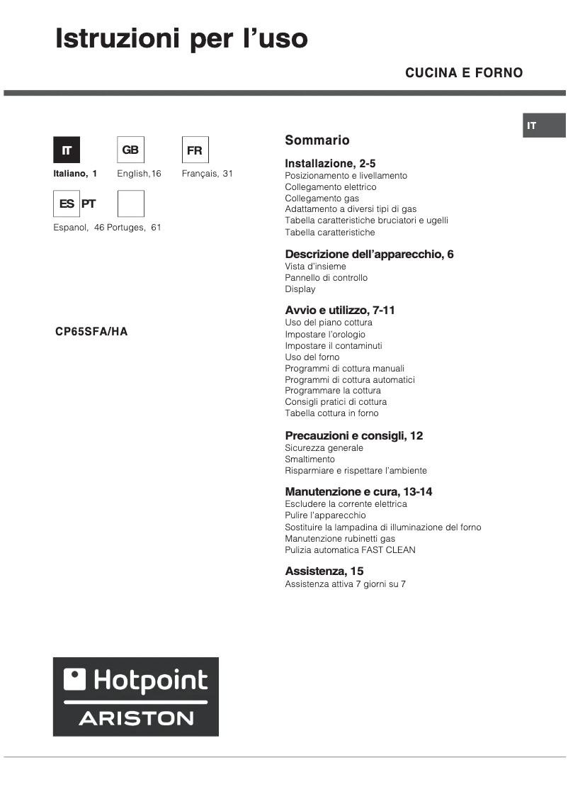 Página 1 del manual Manual de usuario Hotpoint Ariston CP65SFA /HA
