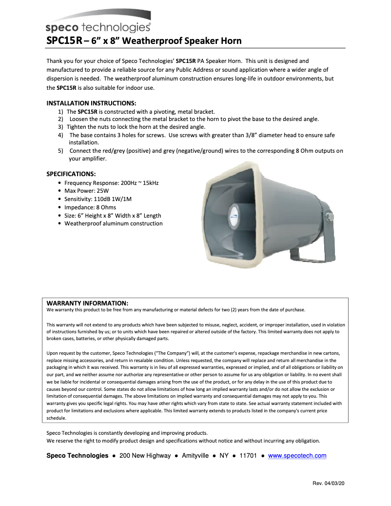 Page 1 de la notice Manuel utilisateur Speco Technologies SPC15R
