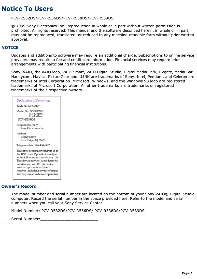 Page 1 de la notice Manuel utilisateur Sony Vaio PCV-R538DS