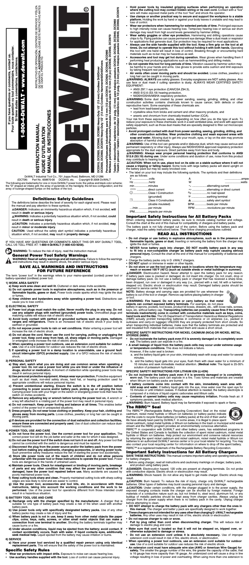 Page 1 de la notice Manuel d'utilisation et d'entretien DeWalt DCD940