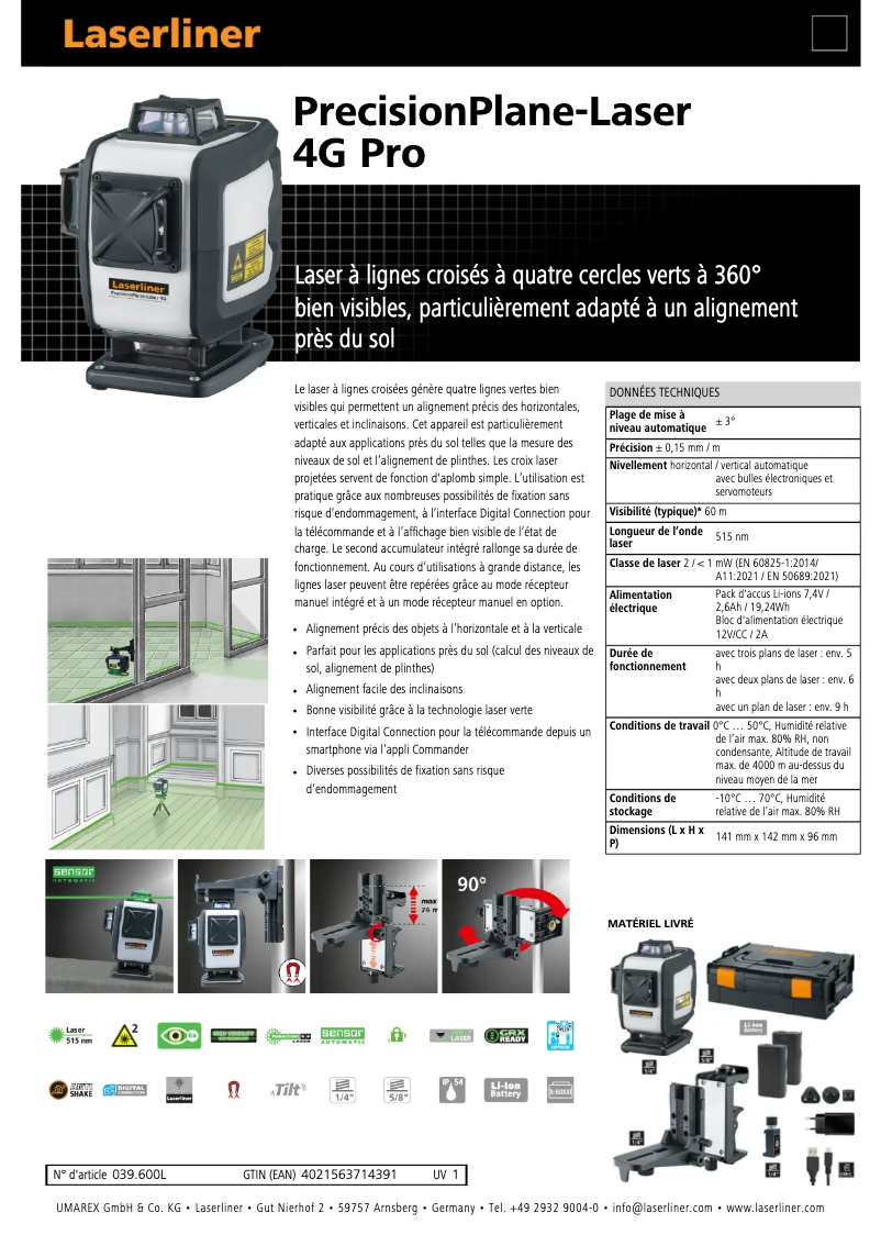 Page 1 de la notice Fiche technique Laserliner PrecisionPlane-Laser 4G Pro