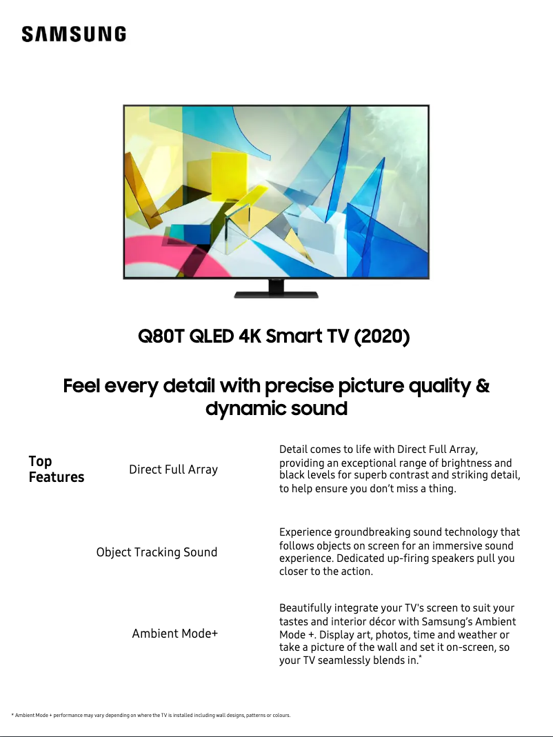 Page 1 de la notice Fiche technique Samsung QA85Q80TAWXXY