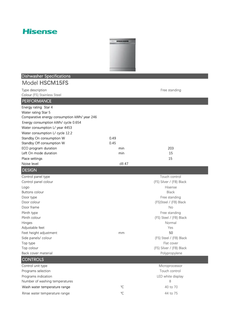 Page 1 de la notice Fiche technique Hisense HSCM15FS