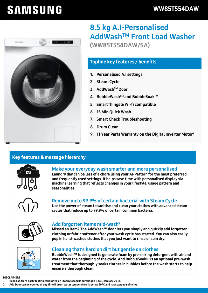 Página 1 del manual Ficha técnica Samsung WW85T554DAW