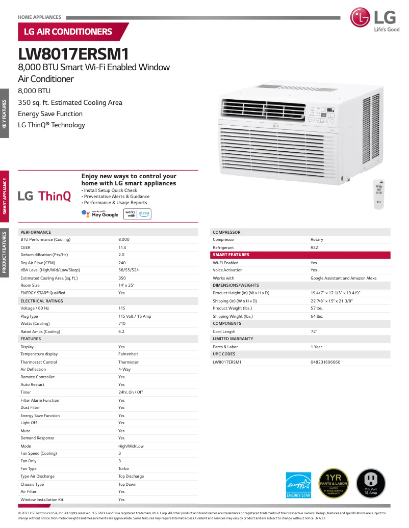 Page 1 de la notice Fiche technique LG LW8017ERSM1